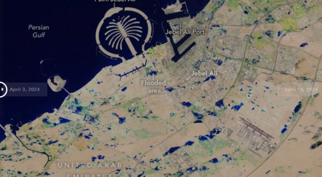 沙漠变泽国：从太空看阿联酋的罕见洪水