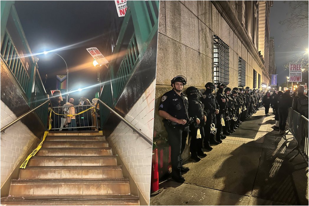 4月24日晚间被封锁的校外地铁出口、聚集抗议群众和警察 图/李孟瑄摄影 
