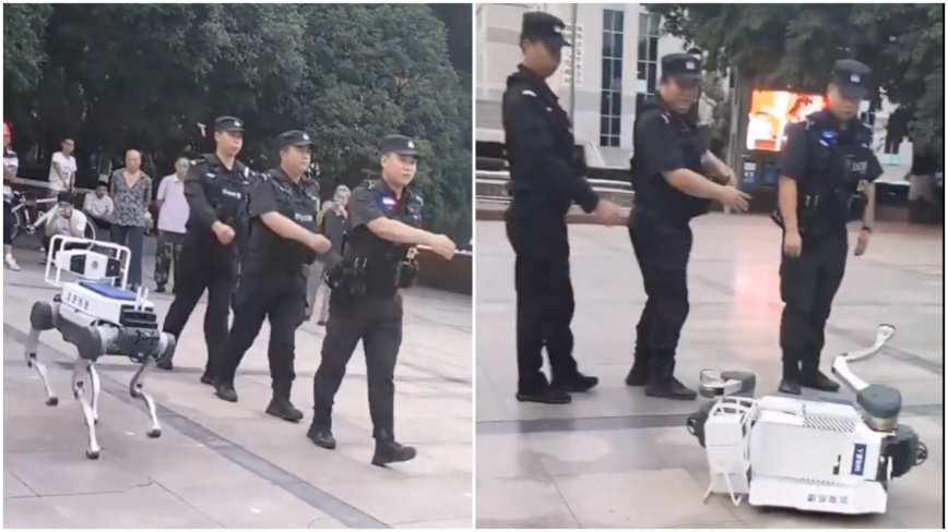 中共機器狗與特警一起操練突馬失前蹄撲街（影片）