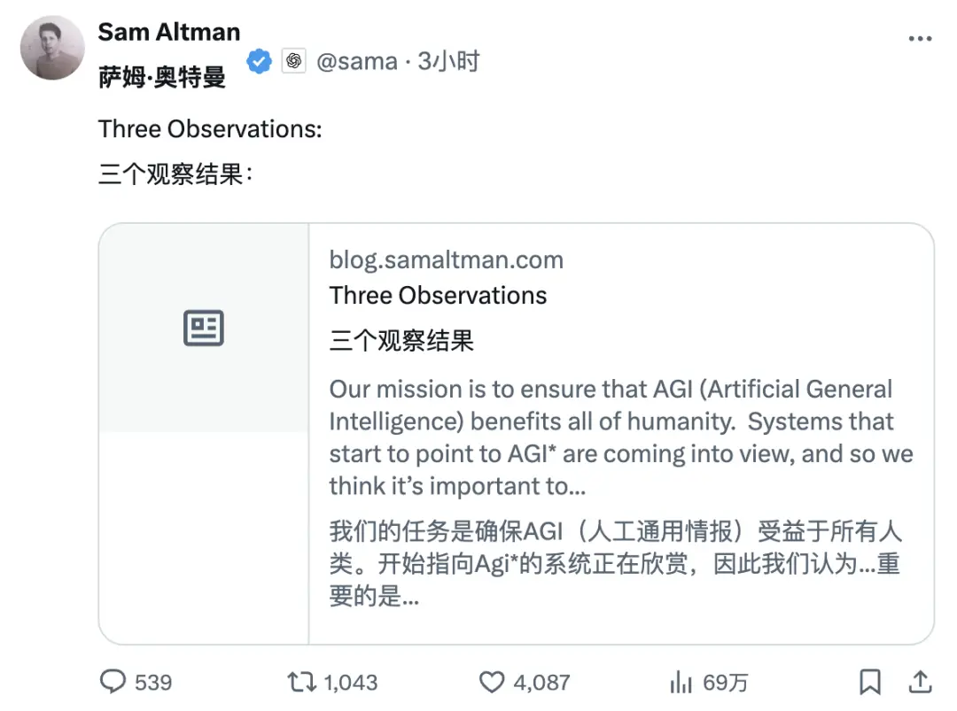 奥尔特曼发文：AI成本每年暴跌10倍....