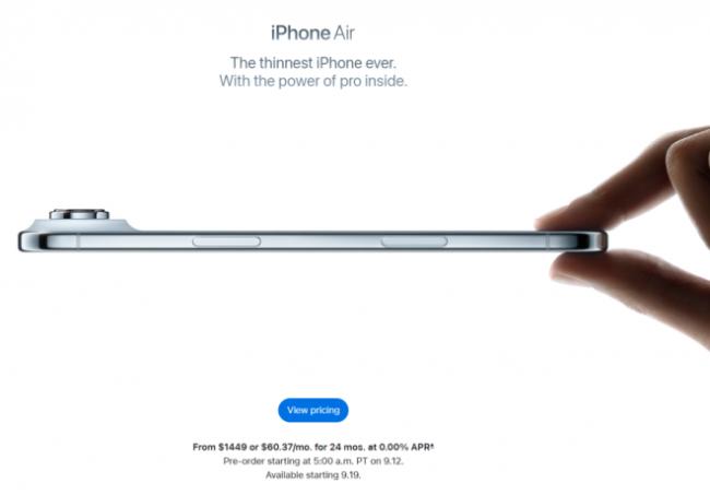 苹果全新iPhoneAir发布: 史上最薄! 加国售价曝