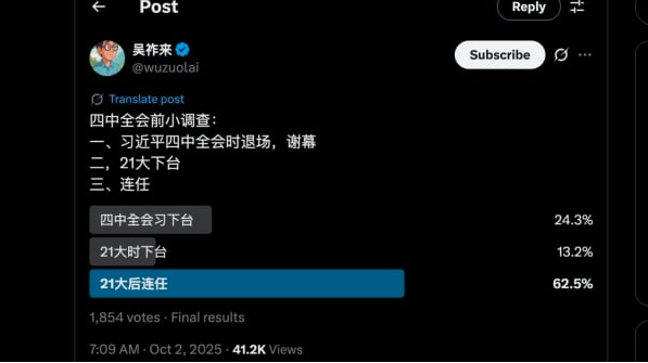 传习近平四中全会辞总书记 65%网民希望他连任