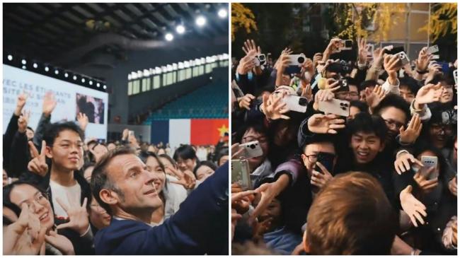 马克龙拍片总结访华行程：与群众开心自拍　