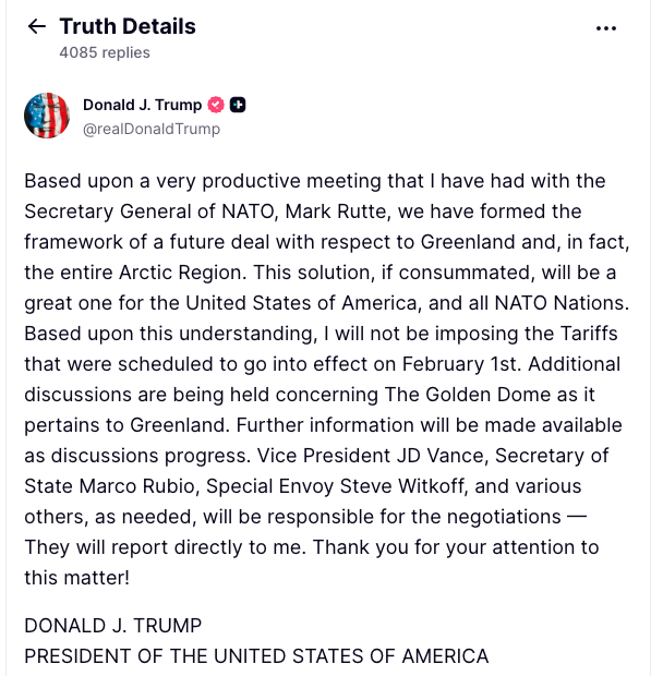 最新!川普:已建立格陵兰协议架构 暂缓征关税 最新!川普:已建立格陵兰协议架构 暂缓征关税